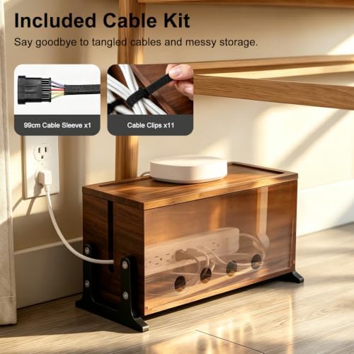 Large Wood Cable Management Box, Vintage Walnut Cord Organizer 14"