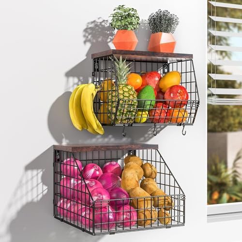 Fruit and Vegetable storage, 2 Set Wall Mounted Wire Baskets, Fruit Basket for Kitchen Counter, Hanging Fruit Basket, Po