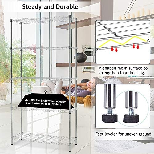 Dkeli 5-Tier Adjustable Heavy Duty Metal Storage Shelves, 250 Capacity Per Shelf, 36" X 14" X 72" Wire Shelving Unit Rac