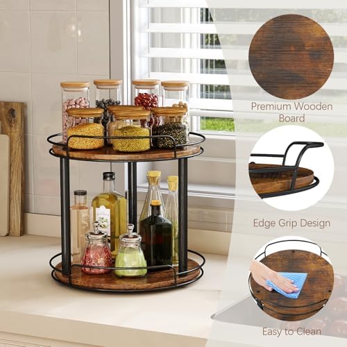 LAMU 12'' Wood Lazy Susan Turntable Organizer for Cabinet, 2 Tier Lazy Susan Spice Rack Organizer for Kitchen, Table Top