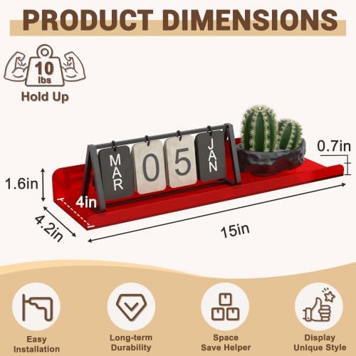 Qukaka 15" Floating Shelves for Wall, 3 Pack Clear Red Display Ledges