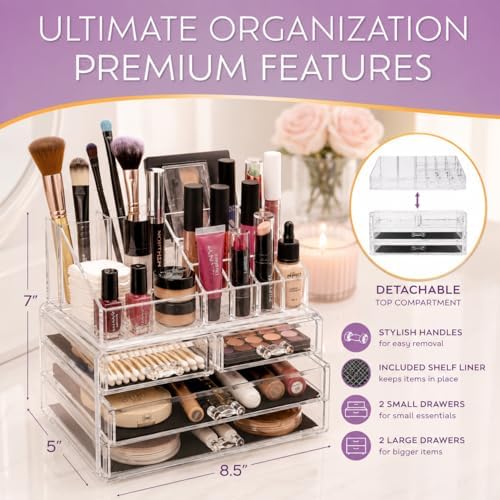 Brookstone Makeup Organizer Countertop, Cosmetic Display Case, Acrylic Makeup Storage for Vanity, Clear Make-up Organize