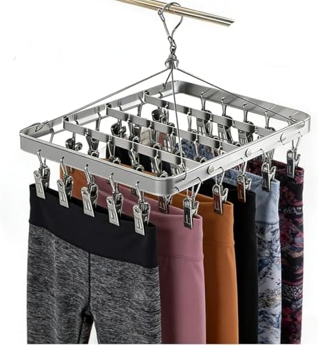 Pants Hanger Clothes Drying Racks Clip Hangers Metal with 36 Clips Windproof Hook Underwear Hanger Foldable Laundry Clip for Socks Bras (Silver)