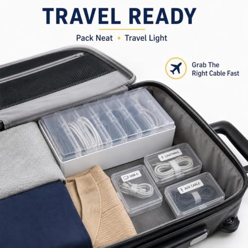 Cable Organizer Storage Box 2 Pack with 14 Clear Cases for Cords & Wires