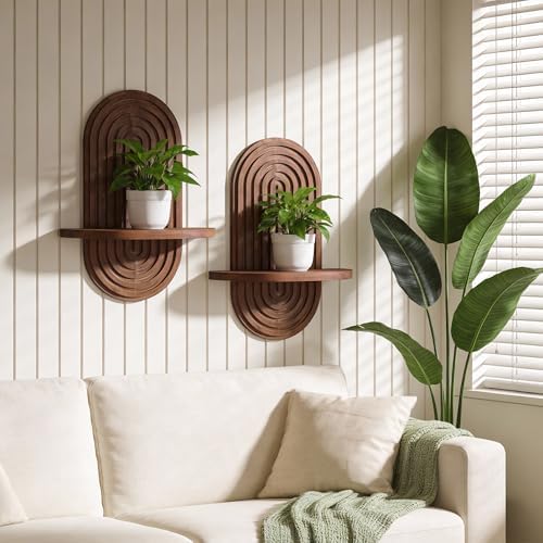 Heiple Set of 2 Boho Arched Floating Shelves 15.7”x 7.8” Plant Wooden Hanging Shelf for Living Room Bedroom Mid Century 