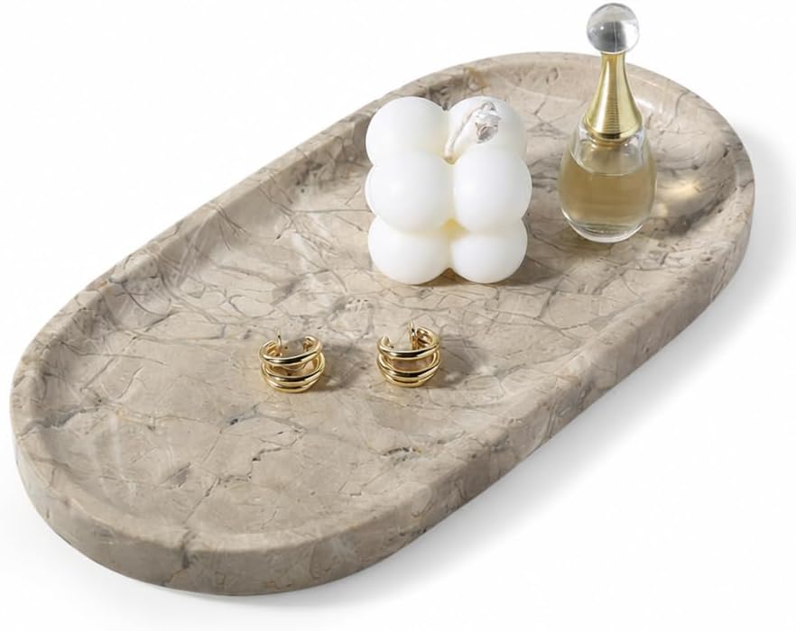 Koville Natural Silver Pearl Marble Decorative Tray, 10" x 5" Marble Vanity Tray for Bathroom Countertop Organizer Stone