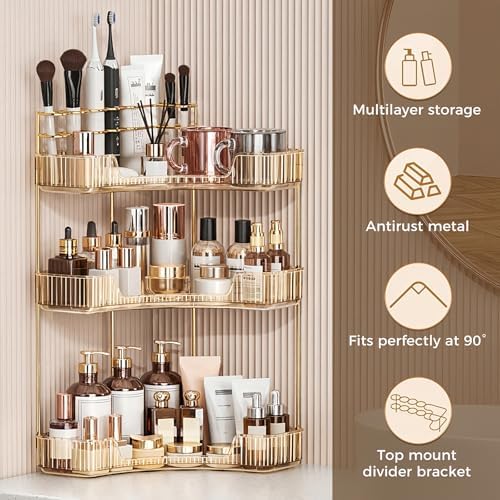BEFSOP Corner Bathroom Counter Organizer, Upgraded 3-Tier Makeup Organizer Countertop with Makeup Brush Holder, Skincare