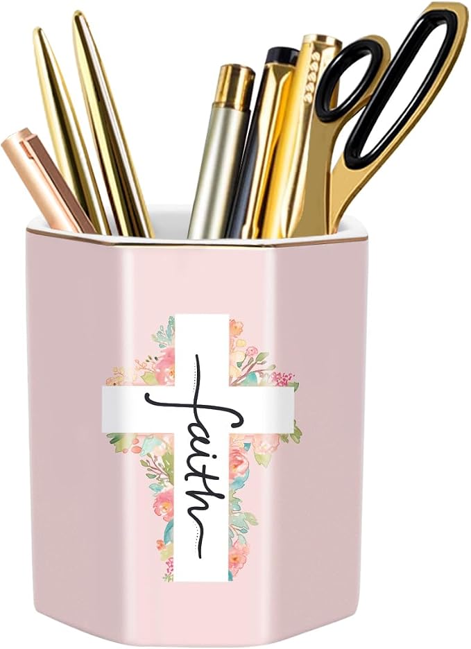 Pen Holder for Desk, Cute Ceramic Pencil Holder, Pen Cup Marker Holder Makeup Brush Holders, Desk Accessories & Workspace Organizers for Office, Home, Religious Style