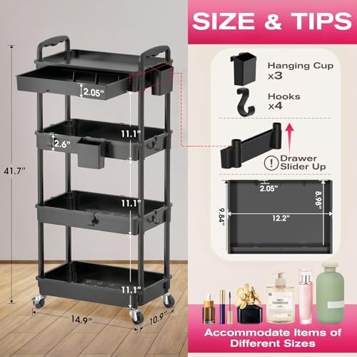 Goovilla Rolling Makeup Organizer Cart with Removable Drawer, 4 Tier Black