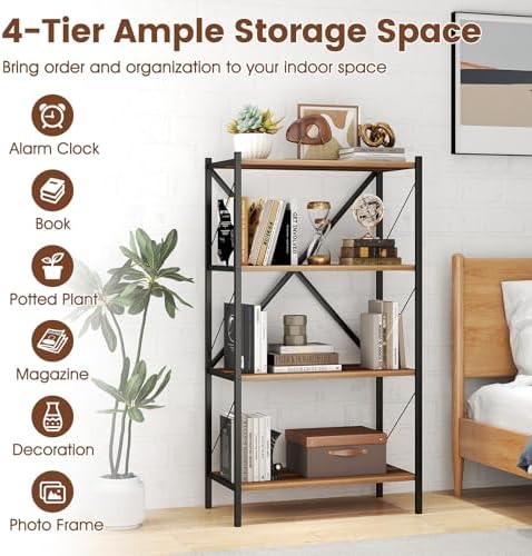 GIANTEX 4-Tier Bookshelf Set of 2, Industrial Bookcase with Heavy-Duty Metal Frame, Modern Open Storage Book Shelf, Book