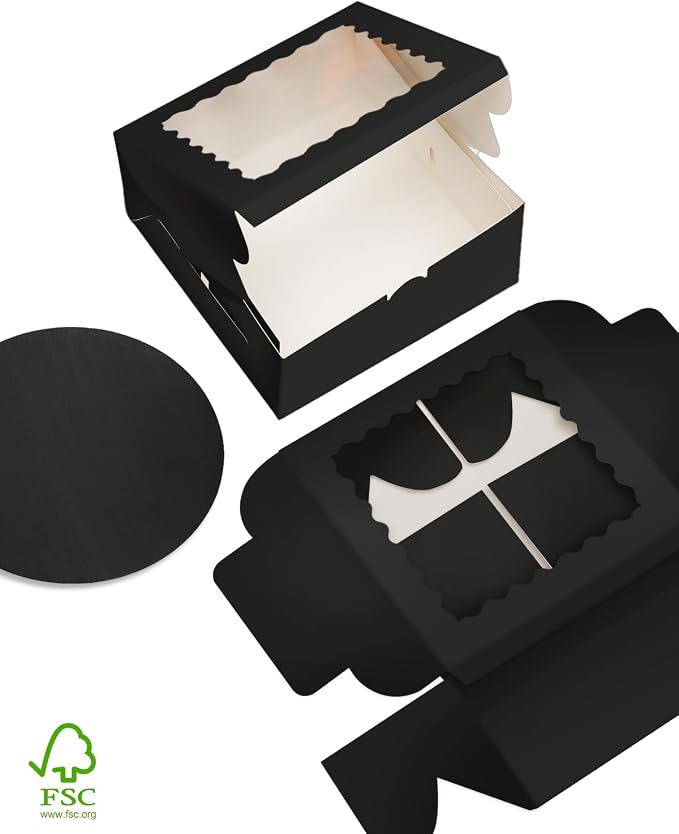 qiqee 10"x10"x5" Cake Box, 36 Sets Black Cake Box with Window ＆ 36 Sets 10" Black Cake Round Boards, for Cake, Treat Cookie Dessert, Pastry, Birthday Party, Weddings