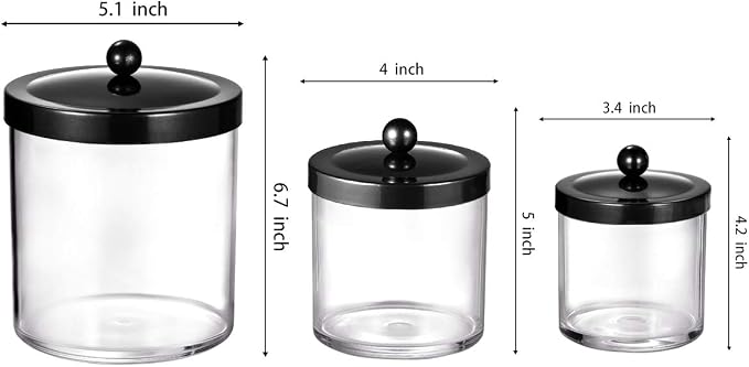 SheeChung 3-Pack Plastic Apothecary Jars with Black Metal Lids - Large 50oz, 25oz & 15oz Clear Acrylic Storage Set - Shatterproof Bathroom & Laundry Room Organizer - Modern Farmhouse Decor