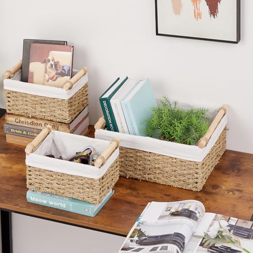 Vagusicc Wicker Storage Basket, 3-Packs Seagrass Storage Baskets for Organizing, Large Cube Storage Organizer Baskets Bi