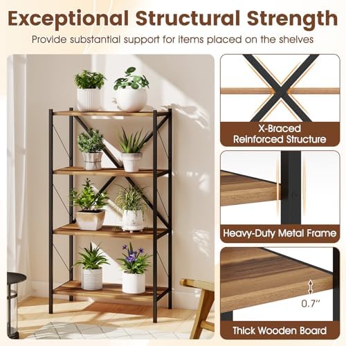 GIANTEX 4-Tier Bookshelf Set of 2, Industrial Bookcase with Heavy-Duty Metal Frame, Modern Open Storage Book Shelf, Book