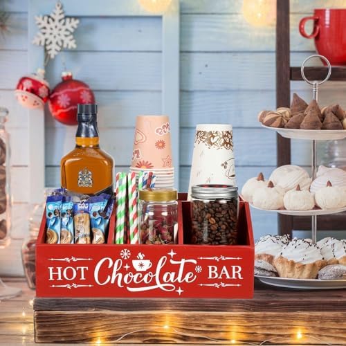 Barydat Christmas Hot Cocoa Bar Wood Coffee Station Organizer Countertop with 4 Compartment Coffee Bar Decorative Holder