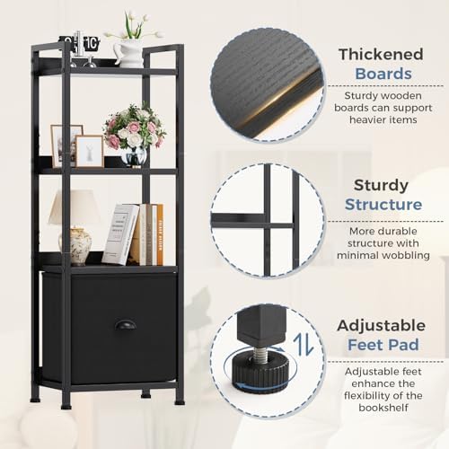 DUMOS 4 Tier Bookshelf with Fabric Drawer, Display Standing Shelf, Black