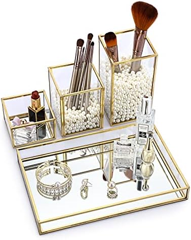 Hipiwe Set of 4 Gold Glass Makeup Brush Holder Organizer with Vanity Tray