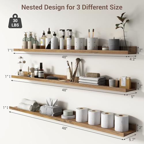 Axeman Picture Ledge Shelf, 48 Inch Brown Floating Shelves Set of 3