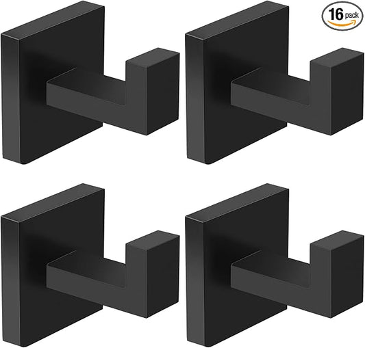 IBosins 16 Pack Towel Hooks Hand Towel Holder for Bathroom Wall Livingroom Bedroom Kitchen Closet Heavy Duty Stainless Steel Hook Hanger for Robe, Bath Towel, Coat (Square Matte Black)