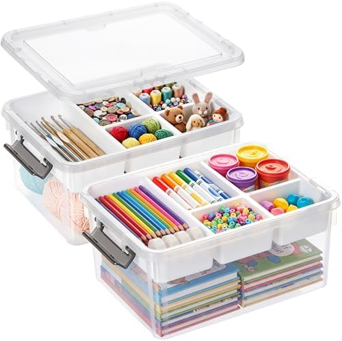 17 Qt Craft Organizers and Storage with Removable Tray and Divider, Clear Craft Storage Box, Stackable Art Supply Organi