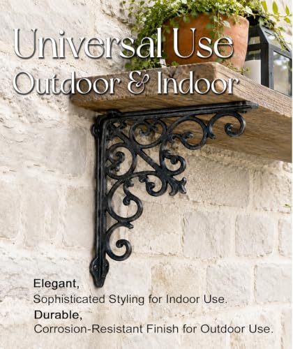 NACH Decorative Shelf Brackets, 2 Pack of 10.6 x 2 x 10.6 inch, Black Cast Iron Wall Shelf Brackets - Decorative Bookshe