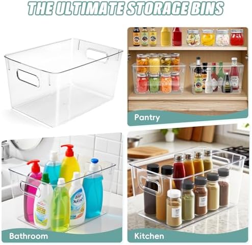 Set of 8 Clear Organizers and Storage Bins, 4 Large and 4 Small Stackable Plastic Storage Containers with Handles for Fr