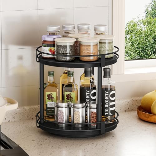Snughome Lazy Susan Spice Rack, 2 Tier Rotating Spice Rack, Wood Lazy Susan Organizer for Cabinet, Black Kitchen Counter