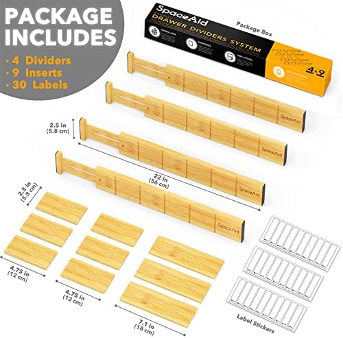 SpaceAid Bamboo Spice Drawer Organizer and Bamboo Drawer Dividers with Inserts and Labels, Kitchen Adjustable Drawer Org