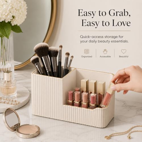 GORESE Leather Makeup Brush Holder with Lipstick Organizer, Beige