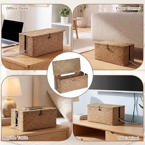 BTSKY Woven Cable Management Box with Lid, Seagrass Cord Organizer with 2 Open Slots for Power Strips & USB Hubs, Under 