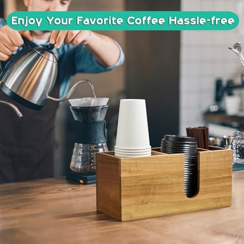 ALELION Large Acacia Wood Coffee Cup Organizer for Disposable Cups, Lids and Stir Sticks - 3-Compartment Countertop Cup 