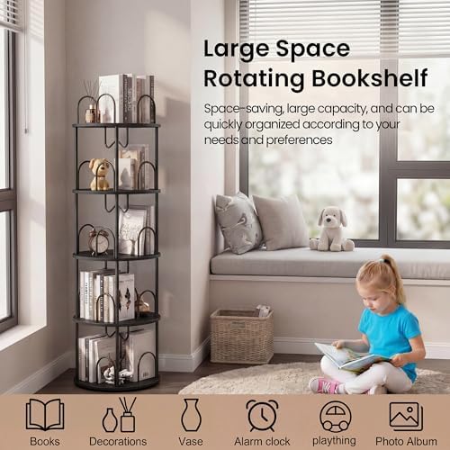 4 Tier Rotating Bookshelf, 360° Spinning Bookshelf Tower, Narrow Corner Book Shelf, Revolving Bookcase Corner Tall Book 