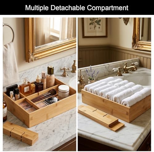 Bamboo Belt Organizer for Closet, Tie Storage Organizer Bins with Detachable Divider Drawer Organizer, Closet Organizers