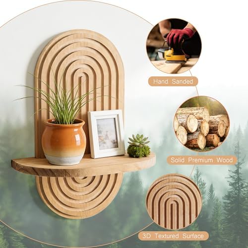 Heiple Set of 2 Boho Arched Floating Shelves 15.7”x 7.8” Plant Wooden Hanging Shelf for Living Room Bedroom Mid Century 