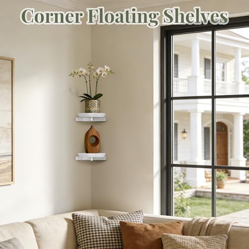 BXF Floating Plant Shelves for Wall Set of 2, Heavy Duty Matte White Corner Wall Planters for Indoor Plants, Minimalist 