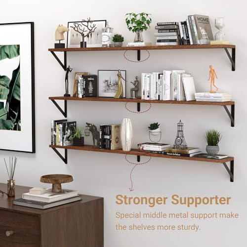 Heimlove 48 Inch Large Wall Bookshelves Set of 3, Wall Mounted Bookshelves,Heavy Duty Wooden Shelves for Living Room,Bed