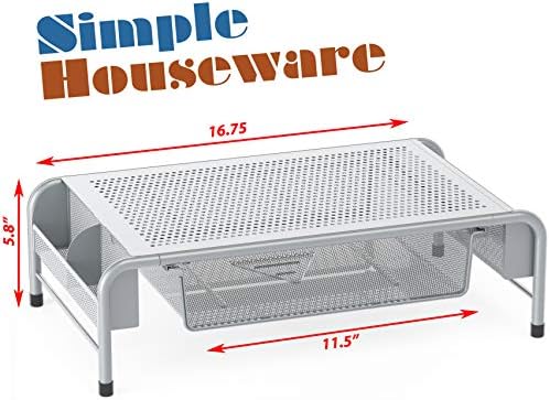 Simple Houseware Metal Desk Monitor Stand Riser w/ Organizer Drawer, Silver