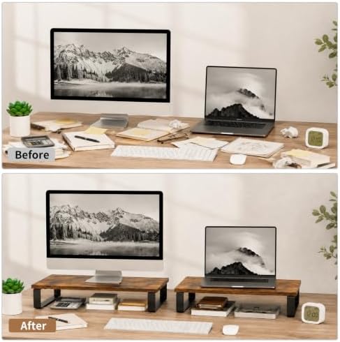 XINYAO 2 Pack Monitor Riser for Desk, Wood and Steel, 16*12*3 inch, Brown