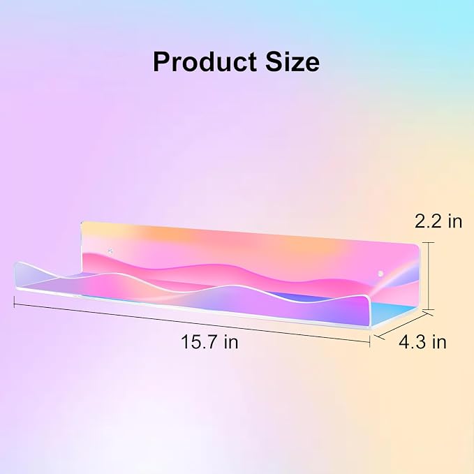 4 Pack Iridescent Acrylic Floating Shelves, 15.7" Clear Acrylic Display Shelves Bookshelf Wall Mounted, Bathroom Kids Room Home Storage Wall Decor Ledge Shelf for Skincare, Perfume, Nail Polish