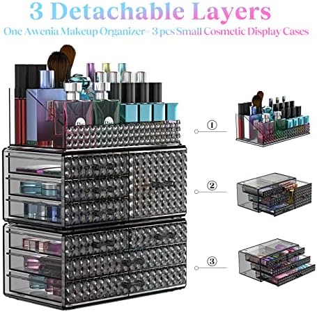 3 Pack Makeup Organizer Stackable[Upgraded], Acrylic Cosmetics Storage Cases with 8 Drawers Perfume Organizers For Brush