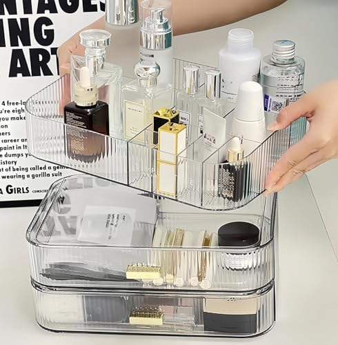 Clear Makeup Organizer for Vanity, Large Desk Organizer with Stackable Drawers for Cosmetics, Skincare, Lipsticks, Eyesh