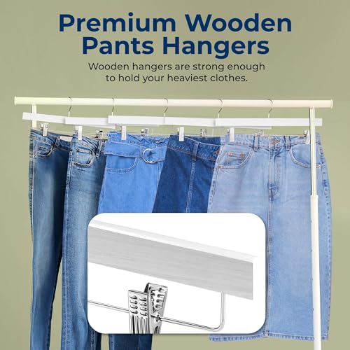 SereneLife Premium Wooden Pants Hangers 20 Pack, Solid 14" Wood Skirt Hangers with 2-Adjustable Clips, Heavy Duty & Anti Slip Wood Bottom Hanger for Slacks, Jeans, Trousers, Shorts (White)