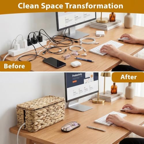 2 Pack Handwoven Cable Management Box with Lid, Decorative Cord Organizer for Power Strips, Chargers, TV Wires, Desk, Ho