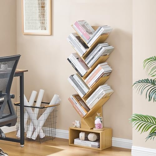 Hoctieon 9 Tier Tree Bookshelf, Tall Bookcase with Drawer, Wood Book Shelf, Modern Floor Standing Bookshelves, Book Orga