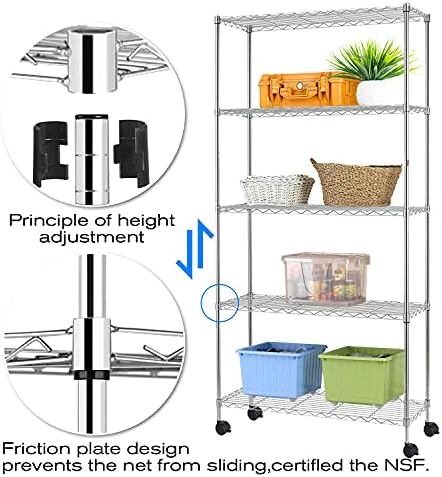 HCY 5-Tier Shelving Unit Storage Shelves with Wheels Heavy Duty Metal Storage Rack NSF Height Adjustable for Laundry Bat