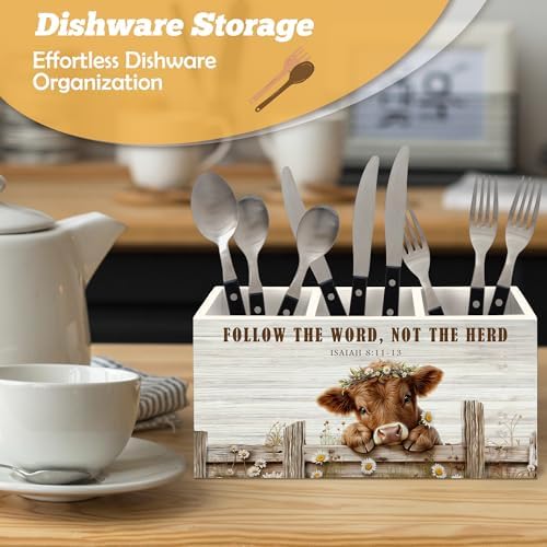 Farmhouse Highland Cow Christian Pen Holder Organizer for Desk Accessories, Highland Cow Gifts, Isaiah 8:11-13 Bible Verse Religious Wooden Box Sign Desk Decorations for Home Office Decor