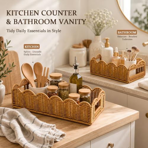 2-Piece Rattan Shelf Storage Baskets, Scalloped Edge Organizer