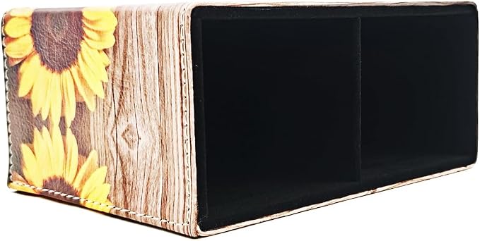 Pen Holder, Rectangle Vintage Pencil Holder with 2 Compartments, PU Leather Art Remote Control Holder Organizer Storage for Desk Accessory (Sunflower)