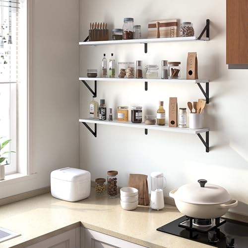 Heimlove Floating Shelves for Wall, 36 Inch Long Wood Floating Bookshelf Set of 3, Wall Mounted Hanging Shelf for Bathro