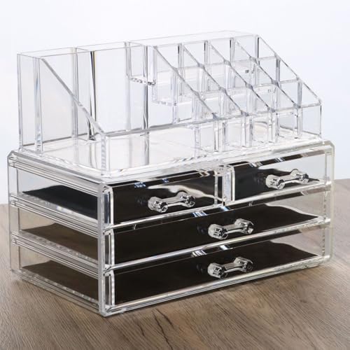 Cq acrylic Clear Make Up Organizer Countertop,Small 4 Drawers Cosmetic Storage,Cute Vanity Skincare Organizers for Jewel